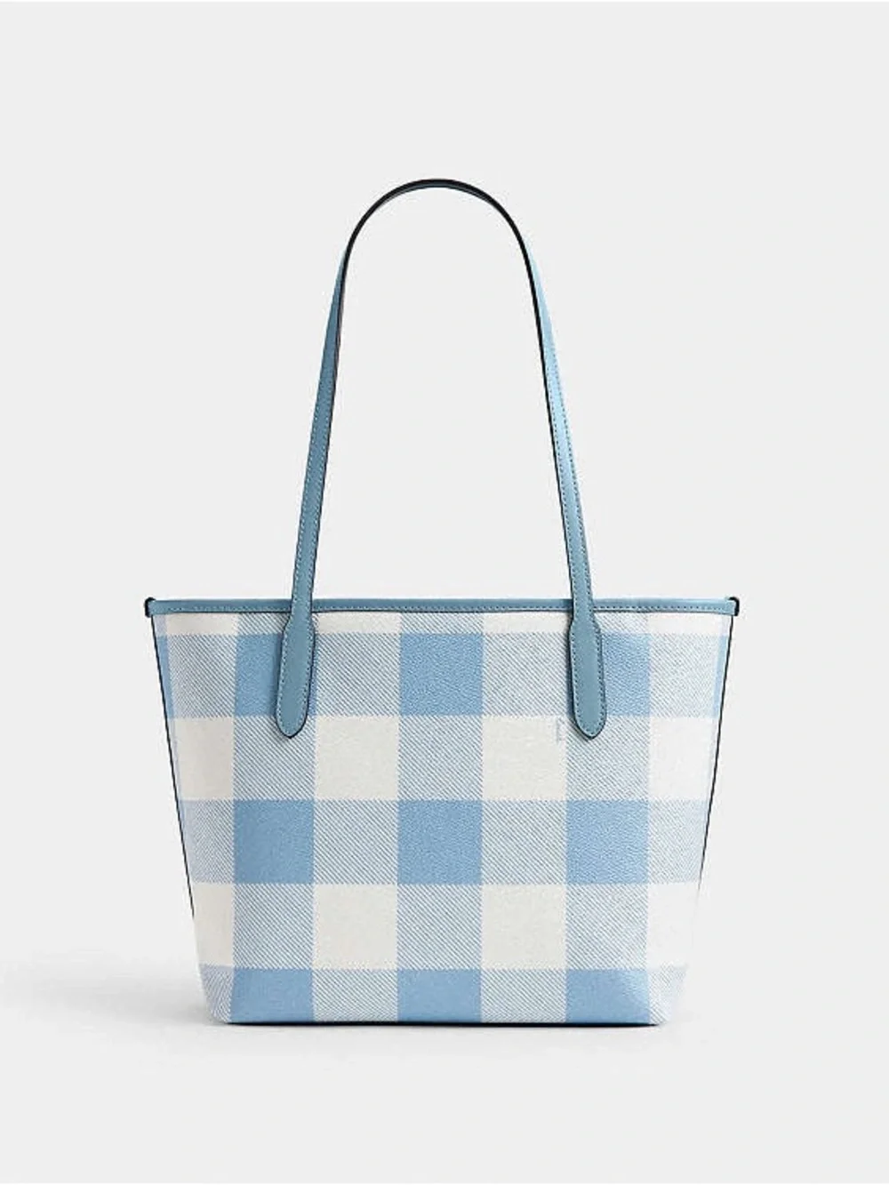 Coach Medium City Tote Bag: Blue & White Gingham Print With Cherry Bag Charm